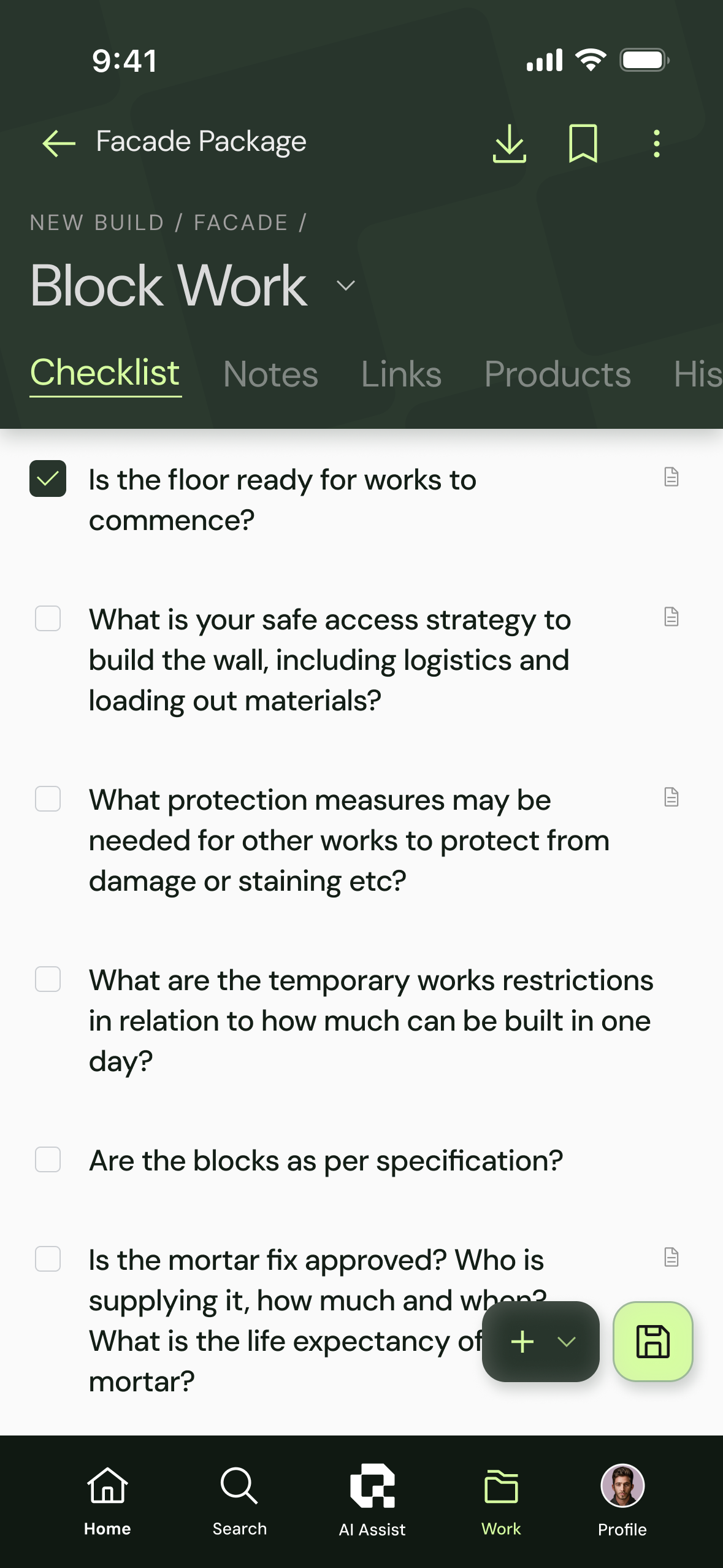 QualiT blockwork checklist with critical quality questions